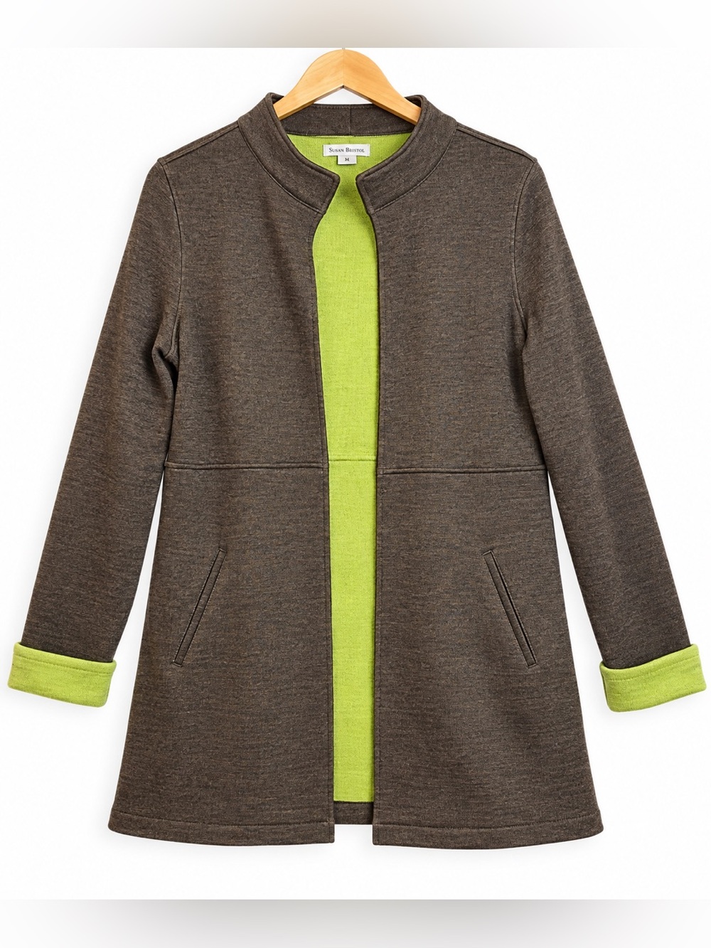 Susan Bristol Medium Wool Blend Long Cardigan Jacket Brown Lime Green Open Front